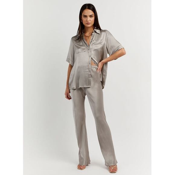 DISSH Simone Satin Bias Cut Pull On Trouser Slim Wide Leg Pant Pewter Gray 2 - Picture 3 of 10